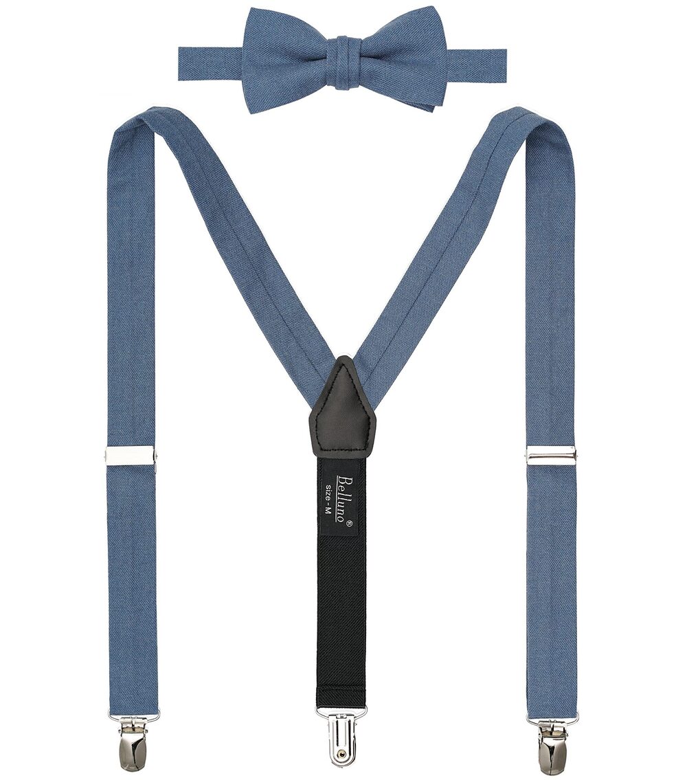 9096 Steel Blue Pre-tied Bow Tie and Suspenders Set, Cotton and Linen